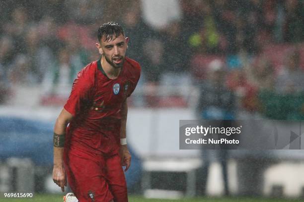 Portugal's midfielder Bruno Fernandes celebrates his goal during the FIFA World Cup Russia 2018 preparation match between Portugal vs Algeria in...