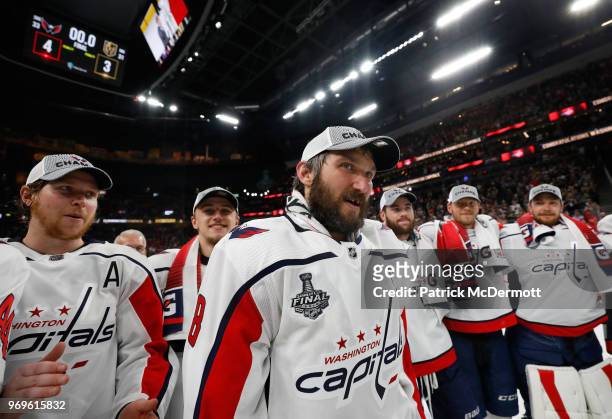Alex Ovechkin of the Washington Capitals and his teammates wait for the Stanley Cup after Game Five of the 2018 NHL Stanley Cup Final between the...