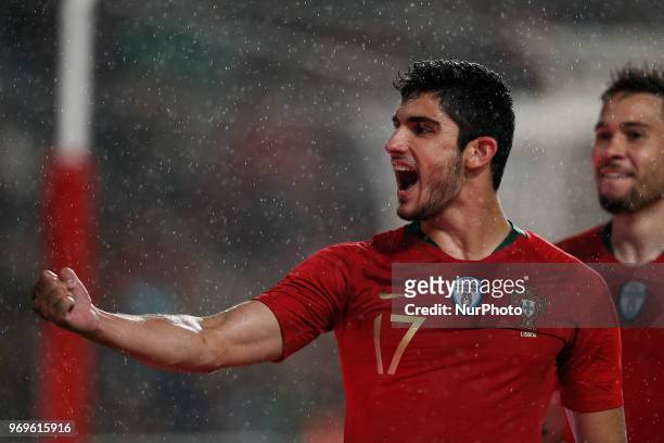 Portugal's forward Goncalo Guedes celebrates his second goal during the FIFA World Cup Russia 2018 preparation match between Portugal vs Algeria in...