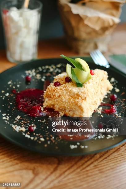 a piece of coconut cake with redcurrants and mint ice cream - ice cream cake stock pictures, royalty-free photos & images