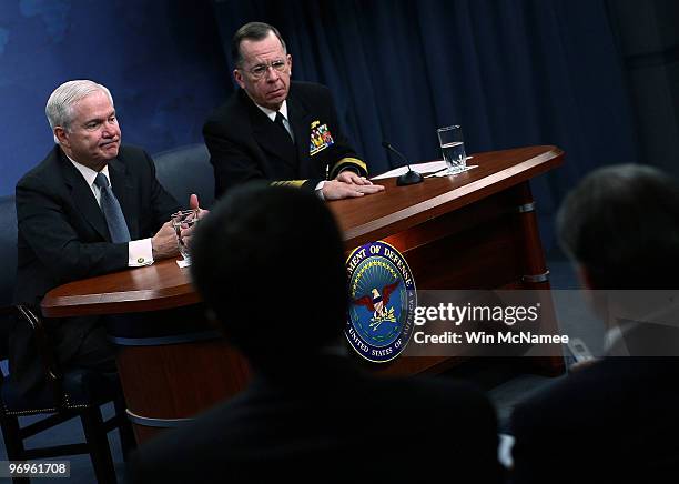 Secretary of Defense Robert M. Gates and Chairman of the Joint Chiefs of Staff Adm. Mike Mullen conduct a press briefing February 22, 2010 at the...