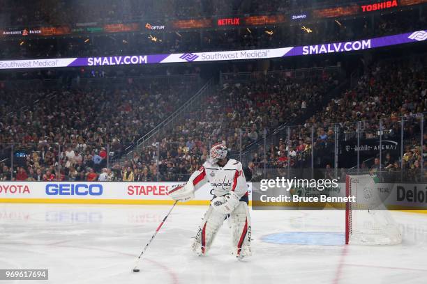 Braden Holtby of the Washington Capitals tends net against the Vegas Golden Knights during the first period in Game Five of the 2018 NHL Stanley Cup...