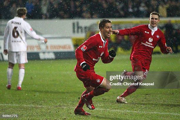 Markus Steinhoefer of Kaiserslautern celebrates the second goal with Erik Jendrisek of Kaiserslautern during the Second Bundesliga match between 1.FC...