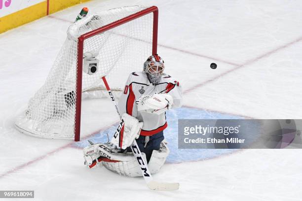 Braden Holtby of the Washington Capitals tends net against the Vegas Golden Knights during the first period in Game Five of the 2018 NHL Stanley Cup...