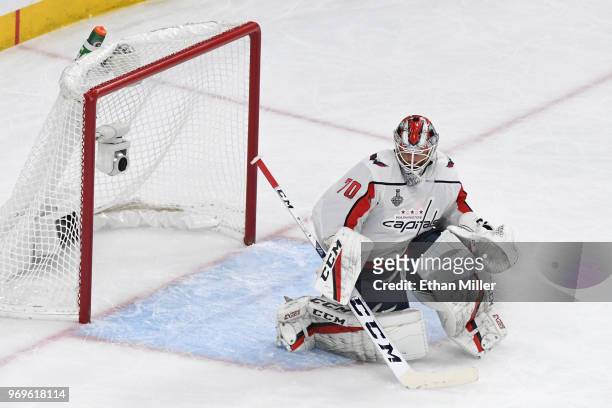 Braden Holtby of the Washington Capitals tends net against the Vegas Golden Knights during the first period in Game Five of the 2018 NHL Stanley Cup...