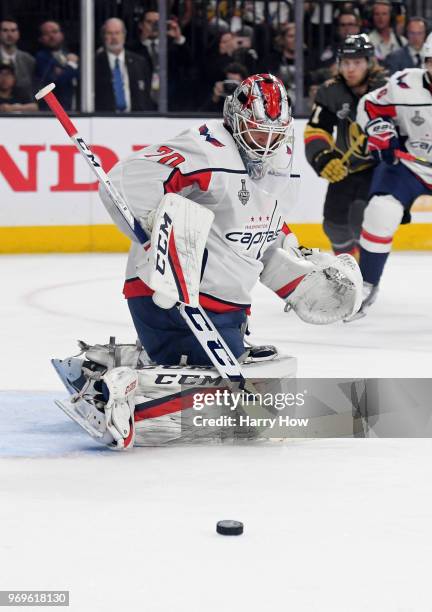 Braden Holtby of the Washington Capitals tends net against the Vegas Golden Knights during the first period in Game Five of the 2018 NHL Stanley Cup...