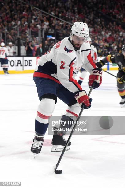 Matt Niskanen of the Washington Capitals carries the puck against the Vegas Golden Knights during the first period in Game Five of the 2018 NHL...