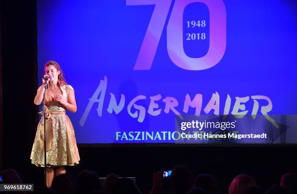 Singer Sarah Lombardi performs during the 70th anniversary celebration of the clothing company Angermaier at Deutsches Theatre on June 7, 2018 in...