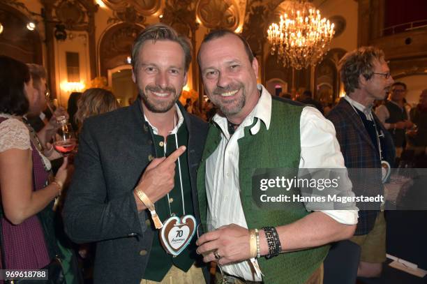 Ben Blaskovic and Michel Guillaume during the 70th anniversary celebration of the clothing company Angermaier at Deutsches Theatre on June 7, 2018 in...