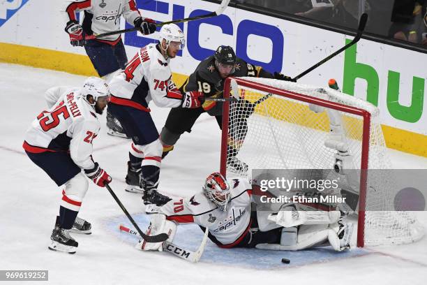 Braden Holtby of the Washington Capitals blocks a shot by Reilly Smith of the Vegas Golden Knights during the second period of Game Five of the 2018...