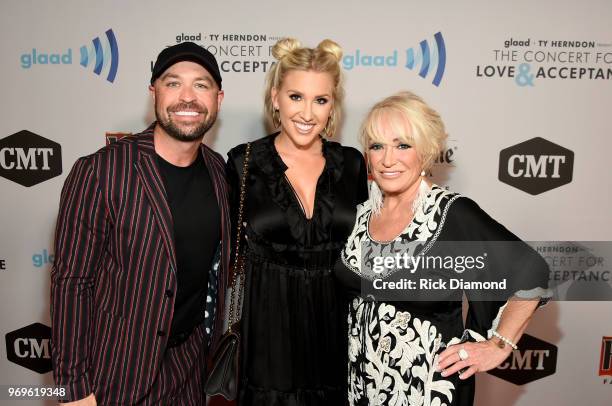 Cody Alan , Savannah Chrisley and Tanya Tucker attend the GLAAD + TY HERNDON's 2018 Concert for Love & Acceptance at Wildhorse Saloon on June 7, 2018...