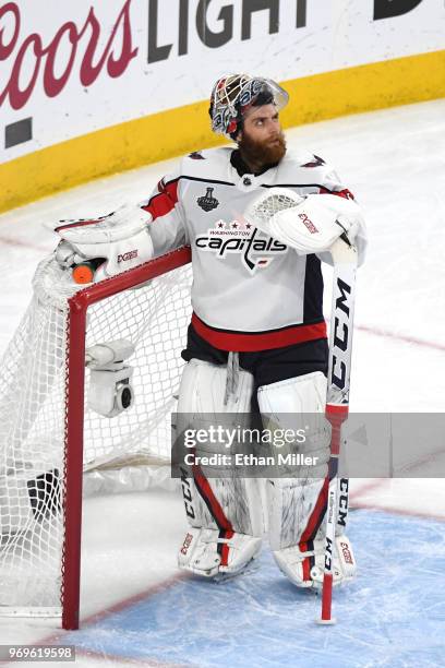 Braden Holtby of the Washington Capitals takes a breather during a timeout against the Vegas Golden Knights during the third period in Game Five of...
