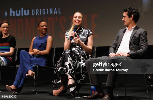 Actors Alexis Bledel, Samira Wiley, Yvonne Strahovski and Max Minghella speak onstage at Hulu's "The Handmaid's Tale" FYC at Samuel Goldwyn Theater...