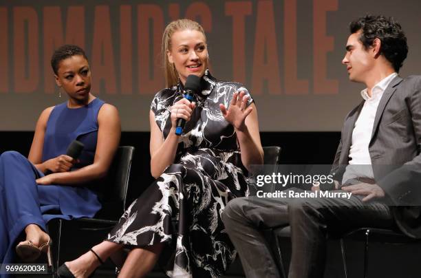 Actors Samira Wiley, Yvonne Strahovski and Max Minghella speak onstage at Hulu's "The Handmaid's Tale" FYC at Samuel Goldwyn Theater on June 7, 2018...