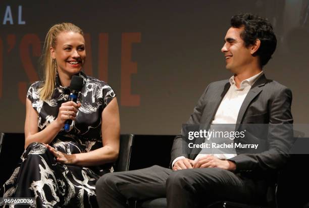 Actors Yvonne Strahovski and Max Minghella speak onstage at Hulu's "The Handmaid's Tale" FYC at Samuel Goldwyn Theater on June 7, 2018 in Beverly...