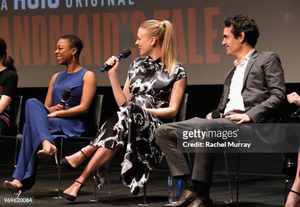 Actors Samira Wiley, Yvonne Strahovski and Max Minghella speak onstage at Hulu's "The Handmaid's Tale" FYC at Samuel Goldwyn Theater on June 7, 2018...