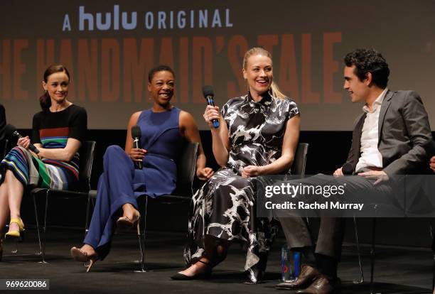 Actors Alexis Bledel, Samira Wiley, Yvonne Strahovski and Max Minghella speak onstage at Hulu's "The Handmaid's Tale" FYC at Samuel Goldwyn Theater...