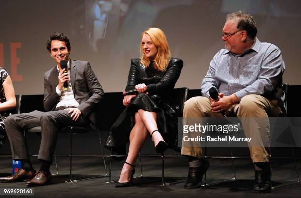 Actors Max Minghella, Elisabeth Moss and producer Bruce Miller speak onstage at Hulu's "The Handmaid's Tale" FYC at Samuel Goldwyn Theater on June 7,...