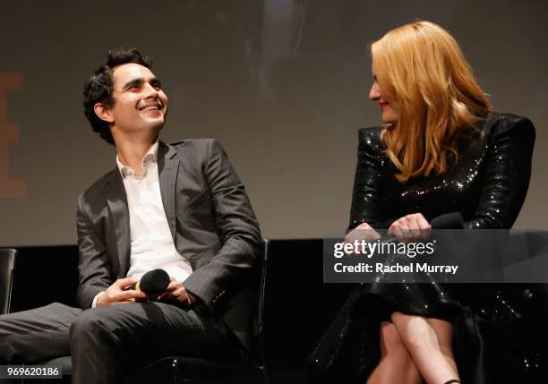 Actors Max Minghella and Elisabeth Moss speak onstage at Hulu's "The Handmaid's Tale" FYC at Samuel Goldwyn Theater on June 7, 2018 in Beverly Hills,...