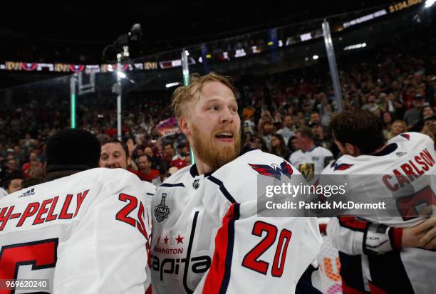 Lars Eller of the Washington Capitals celebrates with his teammates after Game Five of the 2018 NHL Stanley Cup Final between the Washington Capitals...