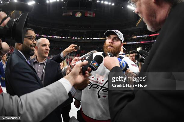 Braden Holtby of the Washington Capitals speaks to the media after his team's 4-3 win over the Vegas Golden Knights in Game Five of the 2018 NHL...