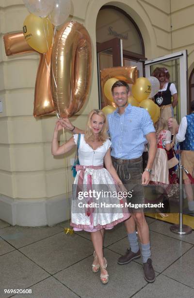 Designer Sonja Kiefer and her partner Cedric Schwarz during the 70th anniversary celebration of the clothing company Angermaier at Deutsches Theatre...
