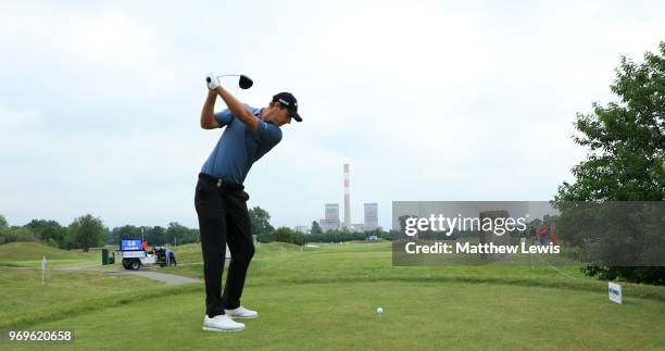 Nicolas Colsaerts of Belgium tees off on the 12th hole during day two of The 2018 Shot Clock Masters at Diamond Country Club on June 8, 2018 in...