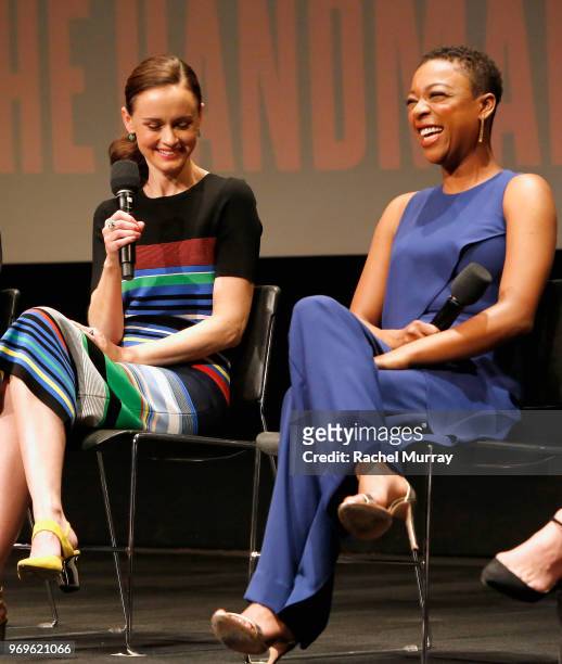 Actors Alexis Bledel and Samira Wiley speak onstage at Hulu's "The Handmaid's Tale" FYC at Samuel Goldwyn Theater on June 7, 2018 in Beverly Hills,...