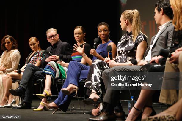 Actors Amanda Brugel, Madeline Brewer, producer Warren Littlefield, actors Alexis Bledel, Samira Wiley, Yvonne Strahovski and Max Minghella speak...