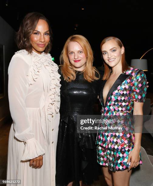 Actors Amanda Brugel, Elisabeth Moss and Madeline Brewer attend Hulu's "The Handmaid's Tale" FYC at Samuel Goldwyn Theater on June 7, 2018 in Beverly...