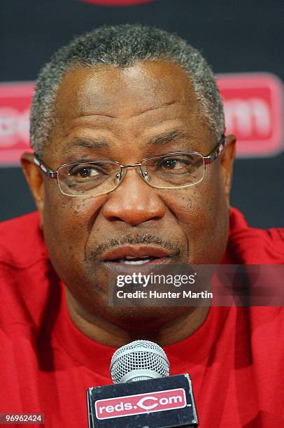 Manager Dusty Baker of the Cincinnati Reds speaks with the media during a press conference at the Cincinnati Reds Development Complex on February 22,...