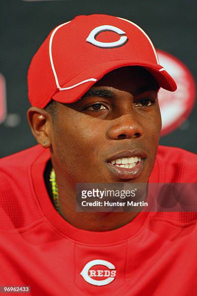 Pitcher Aroldis Chapman of the Cincinnati Reds speaks with the media during a press conference at the Cincinnati Reds Development Complex on February...