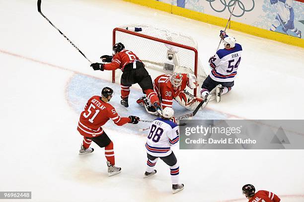 Winter Olympics: Canada goalie Martin Brodeur and Shea Weber in action vs USA Bobby Ryan during Men's Preliminary Round - Group A Game 17 at Canada...