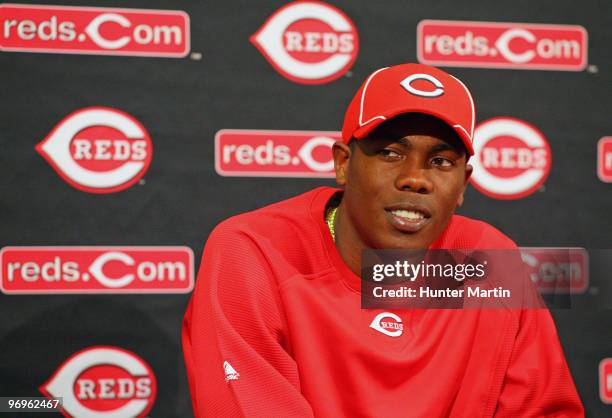 Pitcher Aroldis Chapman of the Cincinnati Reds speaks with the media during a press conference at the Cincinnati Reds Development Complex on February...