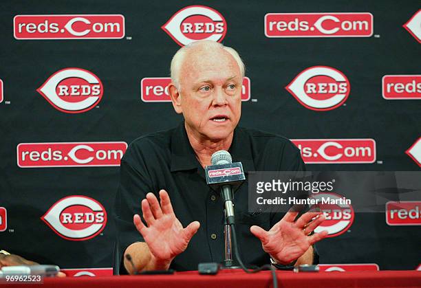 President and General Manager Walt Jocketty of the Cincinnati Reds speaks with the media during a press conference at the Cincinnati Reds Development...