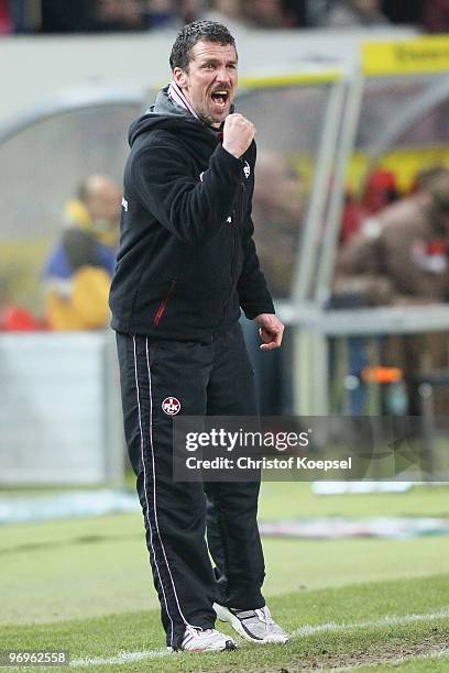 Head coach Marco Kurz of Kaiserslautern celebrates the 3:0 victory after the Second Bundesliga match between 1.FC Kaiserslautern and FC St. Pauli at...