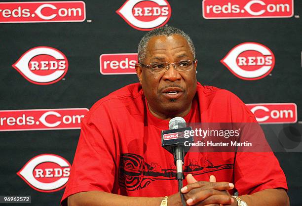 Manager Dusty Baker of the Cincinnati Reds speaks with the media during a press conference at the Cincinnati Reds Development Complex on February 22,...
