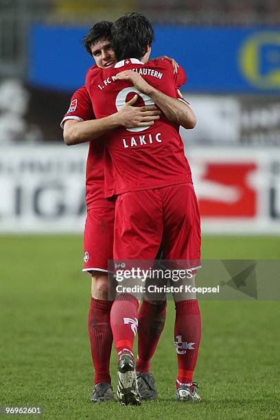 Srdjan Lakic of Kaiserslautern celebrates the third goal with team mate Florian Dick during the Second Bundesliga match between 1.FC Kaiserslautern...
