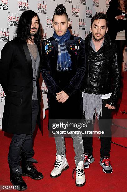 Shannon Leto, Jared Leto and Tomo Milisevic of 30 Seconds To Mars arrive at The ELLE Style Awards 2010 at the Grand Connaught Rooms on February 22,...