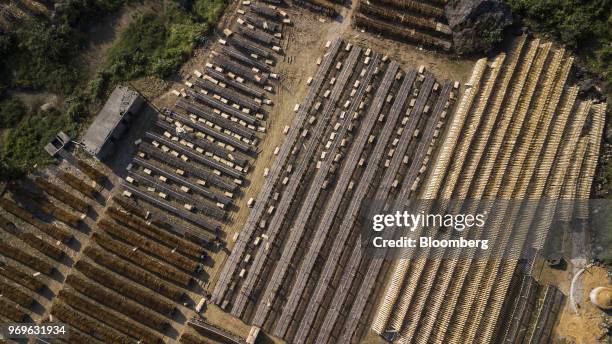 Sheets of eucalyptus wood dry on racks, left, next to logs at a yard in this aerial photograph taken near Liuzhou, Guangxi province, China, on...