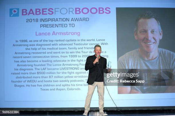 Lance Armstrong receives award at Babes for Boobs Live Auction Benefiting Susan G. Koman LA at El Rey Theatre on June 7, 2018 in Los Angeles,...