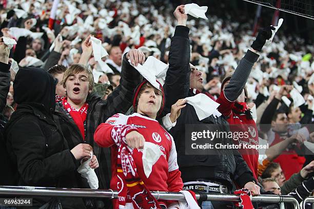 The fans of Kaiserslautern celebrate the 3-0 victory after the Second Bundesliga match between 1.FC Kaiserslautern and FC St. Pauli at Fritz-Walter...