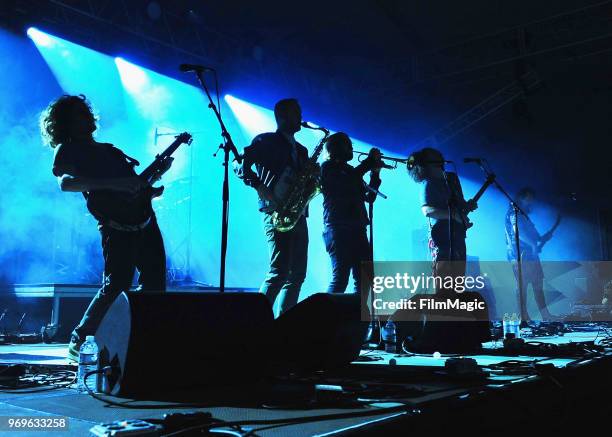 Jeremy Schon, Scrambled Greg Ormont, and Ben Carrey of Pigeons Playing Ping Pong perform onstage at That Tent during day 1 of the 2018 Bonnaroo...