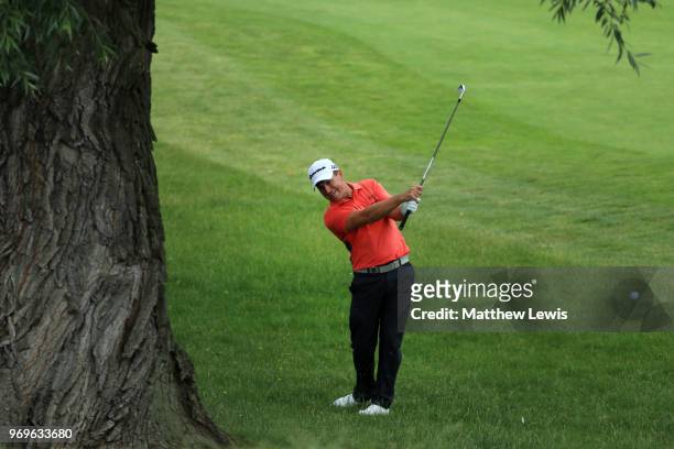Steve Webster of England plays his second shot on 4th hole during day two of The 2018 Shot Clock Masters at Diamond Country Club on June 8, 2018 in...