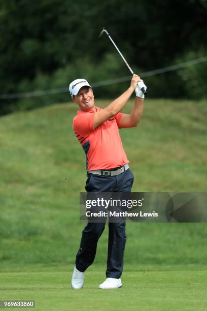 Steve Webster of England plays his third shot on 4th hole during day two of The 2018 Shot Clock Masters at Diamond Country Club on June 8, 2018 in...