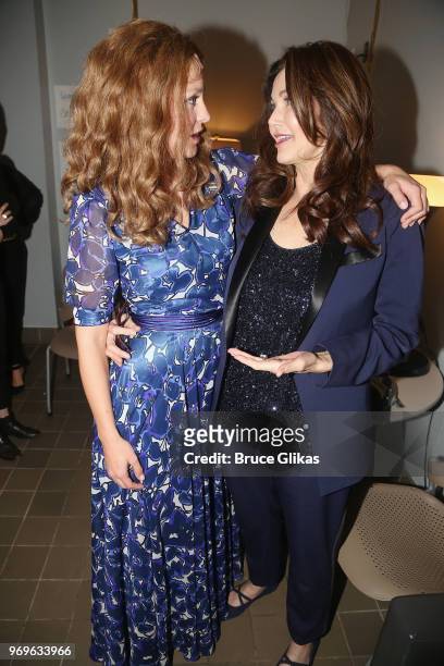 Melissa Benoist as "Carole King" and Lynda Carter pose backstage at the hit musical "Beautiful: The Carole King Musical" on Broadway at The Stephen...