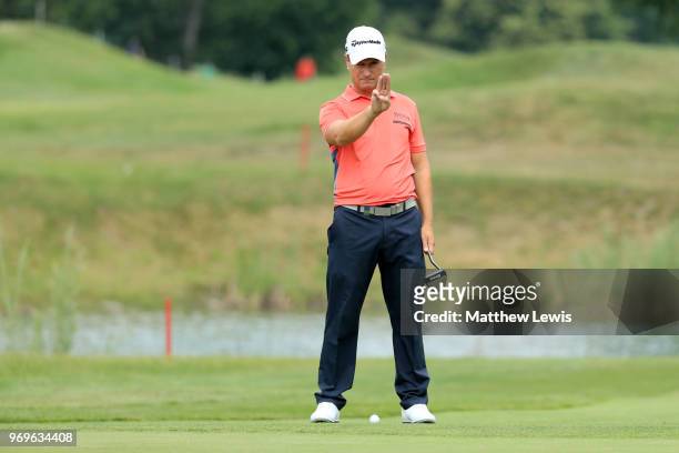 Steve Webster of England lines up a putt on 4th green during day two of The 2018 Shot Clock Masters at Diamond Country Club on June 8, 2018 in...