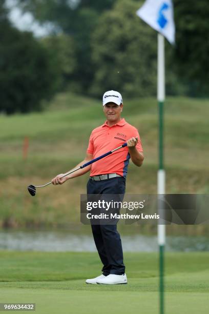 Steve Webster of England reacts after missing a putt on 4th green during day two of The 2018 Shot Clock Masters at Diamond Country Club on June 8,...