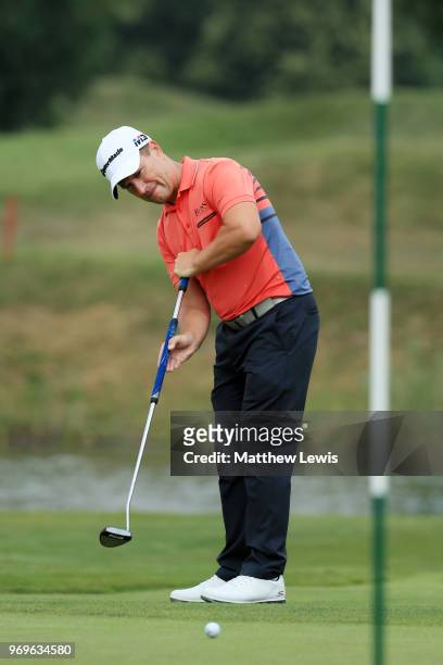 Steve Webster of England plays a putt on 4th green during day two of The 2018 Shot Clock Masters at Diamond Country Club on June 8, 2018 in...