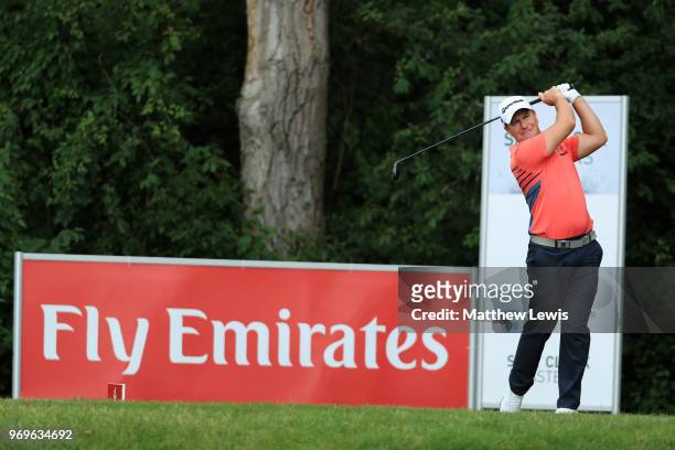 Steve Webster of England tees off on the 5th hole during day two of The 2018 Shot Clock Masters at Diamond Country Club on June 8, 2018 in...
